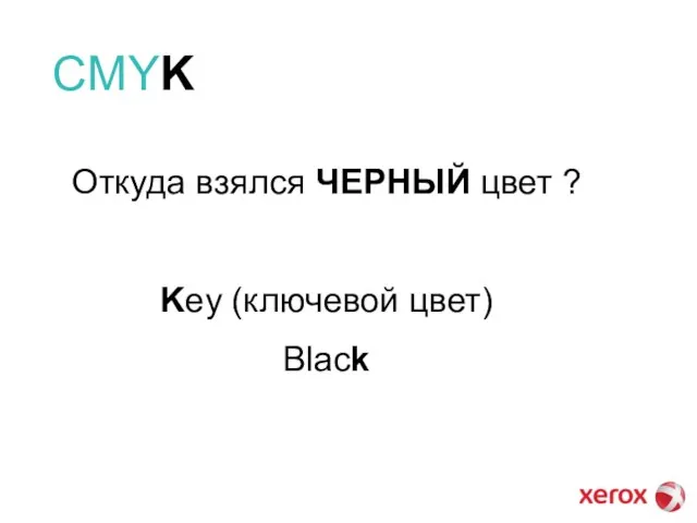 CMYK Откуда взялся ЧЕРНЫЙ цвет ? Key (ключевой цвет) Black