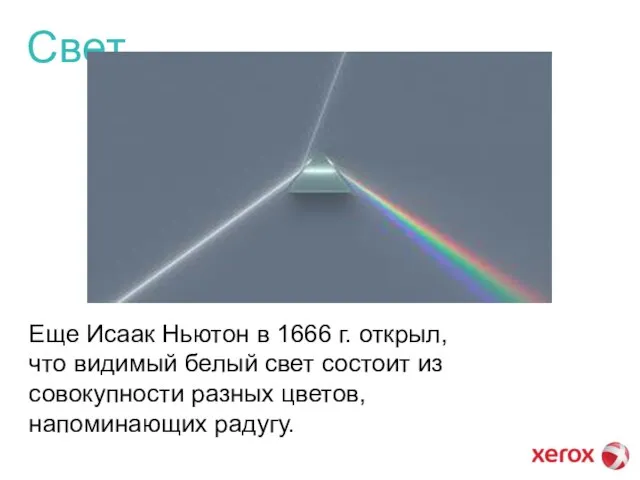 Свет Еще Исаак Ньютон в 1666 г. открыл, что видимый белый свет