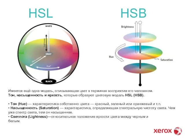 HSL HSB Имеется ещё одна модель, описывающая цвет в терминах восприятия его
