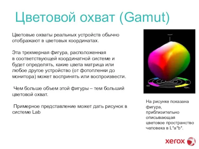 Цветовой охват (Gamut) На рисунке показана фигура, приблизительно описывающая цветовое пространство человека