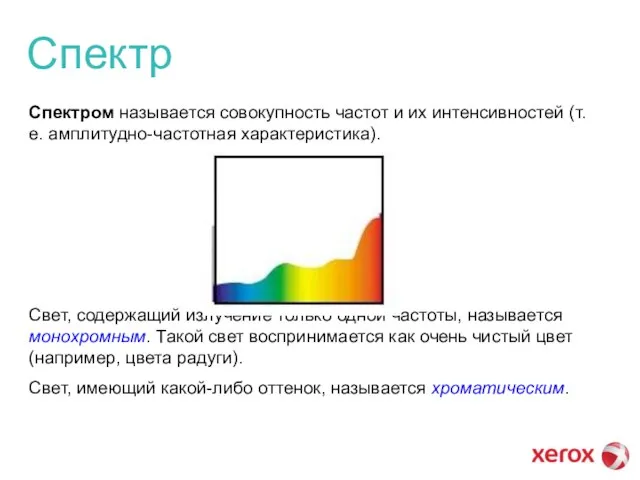 Спектр Спектром называется совокупность частот и их интенсивностей (т.е. амплитудно-частотная характеристика). Свет,