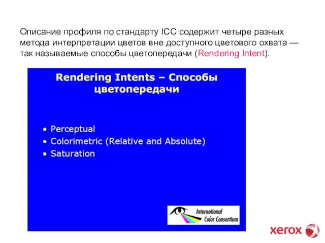 Описание профиля по стандарту ICC содержит четыре разных метода интерпретации цветов вне