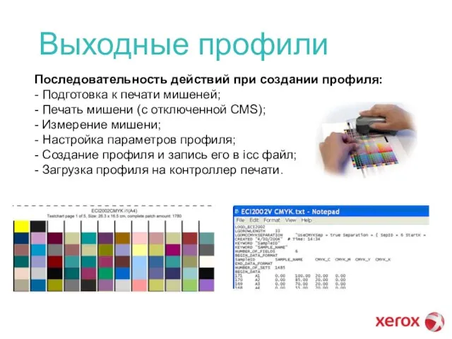 Выходные профили Последовательность действий при создании профиля: - Подготовка к печати мишеней;