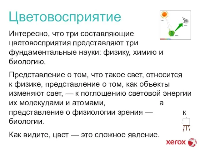 Интересно, что три составляющие цветовосприятия представляют три фундаментальные науки: физику, химию и