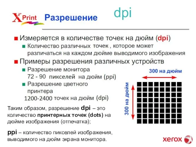 dpi Таким образом, разрешение dpi – это количество принтерных точек (dots) на