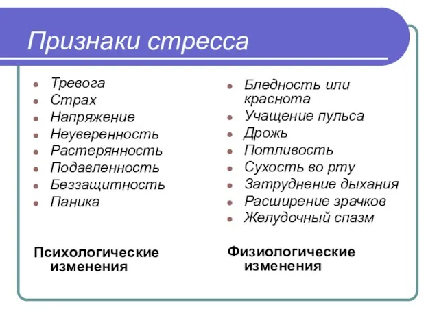 Признаки стресса Тревога Страх Напряжение Неуверенность Растерянность Подавленность Беззащитность Паника Психологические изменения