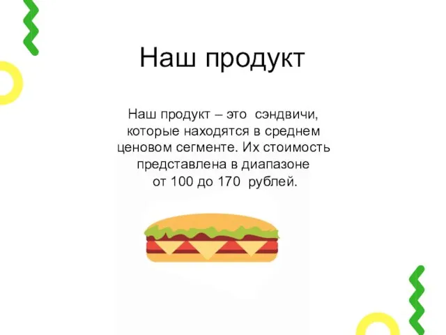 Наш продукт Наш продукт – это сэндвичи, которые находятся в среднем ценовом