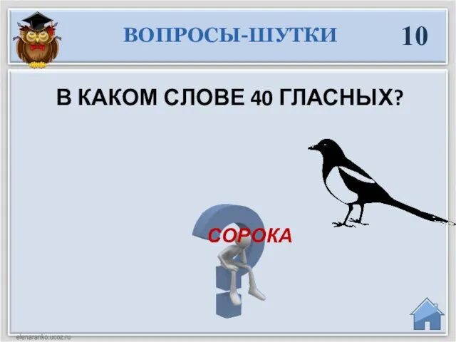 ВОПРОСЫ-ШУТКИ 10 В КАКОМ СЛОВЕ 40 ГЛАСНЫХ? СОРОКА