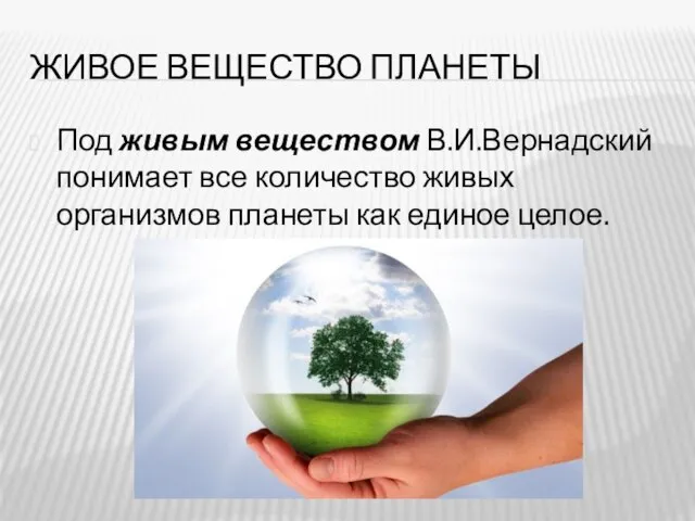 ЖИВОЕ ВЕЩЕСТВО ПЛАНЕТЫ Под живым веществом В.И.Вернадский понимает все количество живых организмов планеты как единое целое.