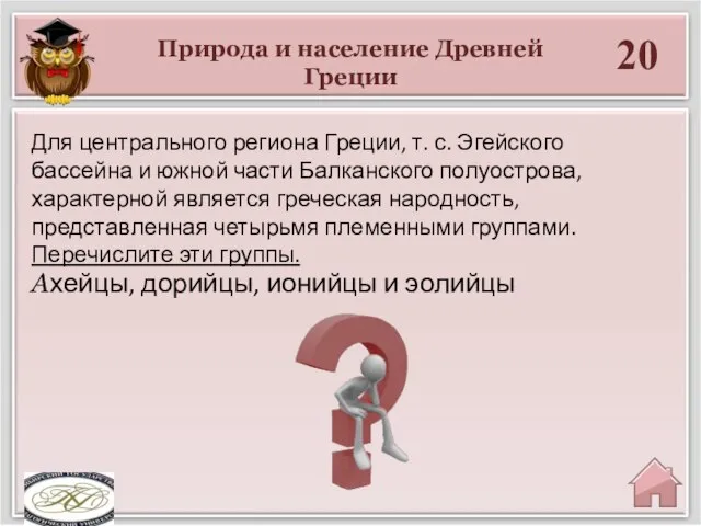 Природа и население Древней Греции 20 Ахейцы, дорийцы, ионийцы и эолийцы Для