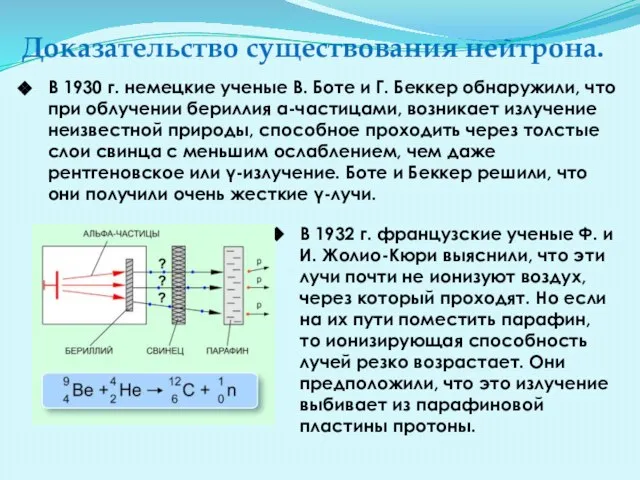 В 1930 г. немецкие ученые В. Боте и Г. Беккер обнаружили, что