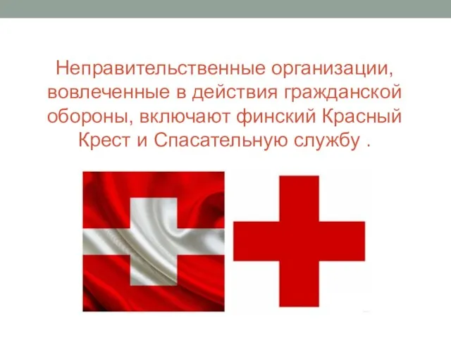 Неправительственные организации, вовлеченные в действия гражданской обороны, включают финский Красный Крест и Спасательную службу .