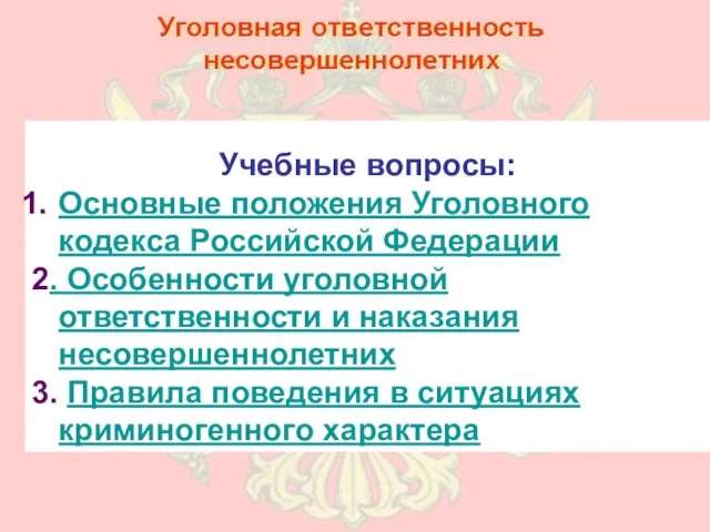 Учебные вопросы: Основные положения Уголовного кодекса Российской Федерации 2. Особенности уголовной ответственности