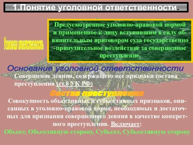 1.Понятие уголовной ответственности. Уголовная ответственность Предусмотренное уголовно-правовой нормой и примененное к лицу