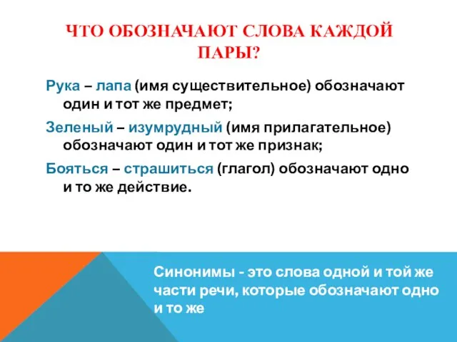 ЧТО ОБОЗНАЧАЮТ СЛОВА КАЖДОЙ ПАРЫ? Рука – лапа (имя существительное) обозначают один