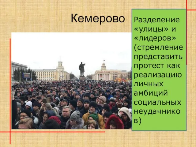Кемерово Разделение «улицы» и «лидеров» (стремление представить протест как реализацию личных амбиций социальных неудачников)