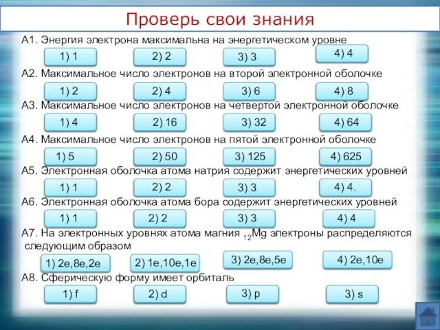 верно Проверь свои знания ошибка А1. Энергия электрона максимальна на энергетическом уровне