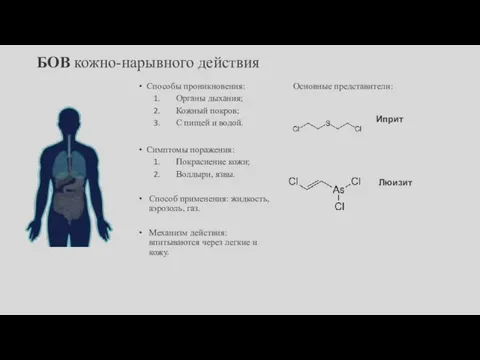 БОВ кожно-нарывного действия Способы проникновения: Органы дыхания; Кожный покров; С пищей и