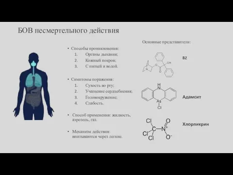 БОВ несмертельного действия Способы проникновения: Органы дыхания; Кожный покров; С пищей и