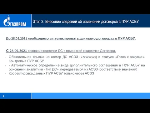 Этап 2. Внесение сведений об изменении договоров в ПУР АСБУ До 28.09.2021
