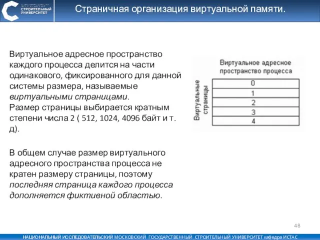 Страничная организация виртуальной памяти. Виртуальное адресное пространство каждого процесса делится на части