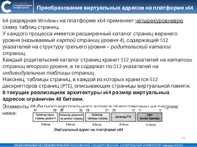 Преобразование виртуальных адресов на платформе x64 64-разрядная Windows на платформе х64 применяет