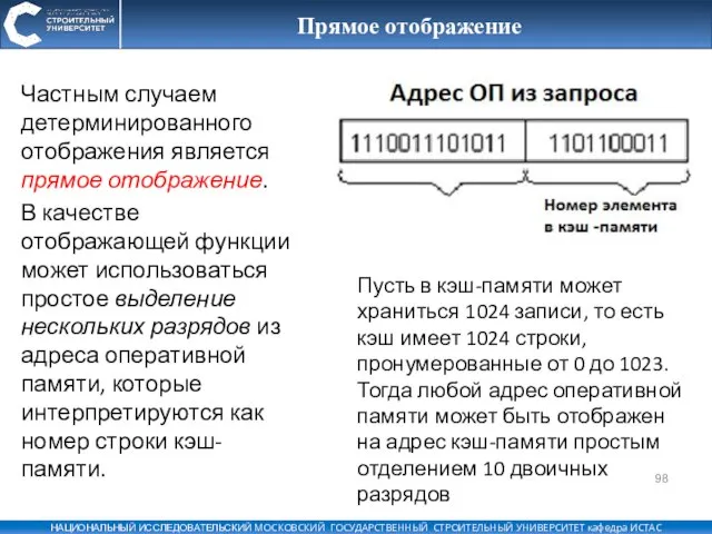 Прямое отображение Частным случаем детерминированного отображения является прямое отображение. В качестве отображающей