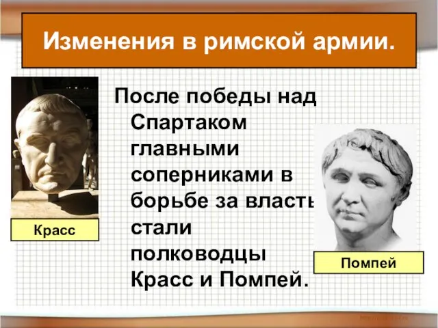 Изменения в римской армии. После победы над Спартаком главными соперниками в борьбе