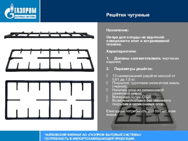 Решётки чугунные Назначение: Опора для посуды на варочной поверхности плит и встраиваемой