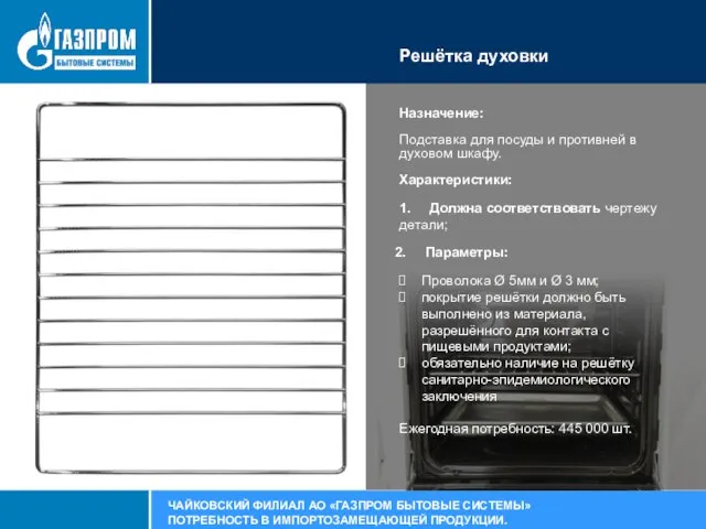 Решётка духовки Назначение: Подставка для посуды и противней в духовом шкафу. Характеристики: