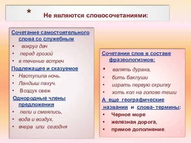 * Не являются словосочетаниями: Сочетание самостоятельного слова со служебным вокруг дач перед