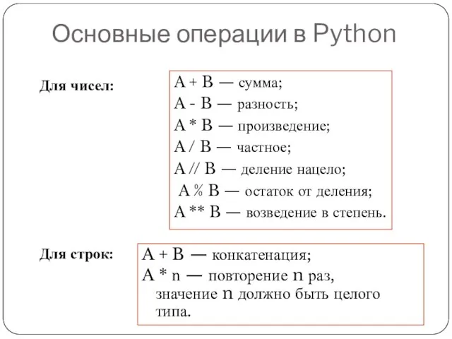 Основные операции в Python A + B — сумма; A - B