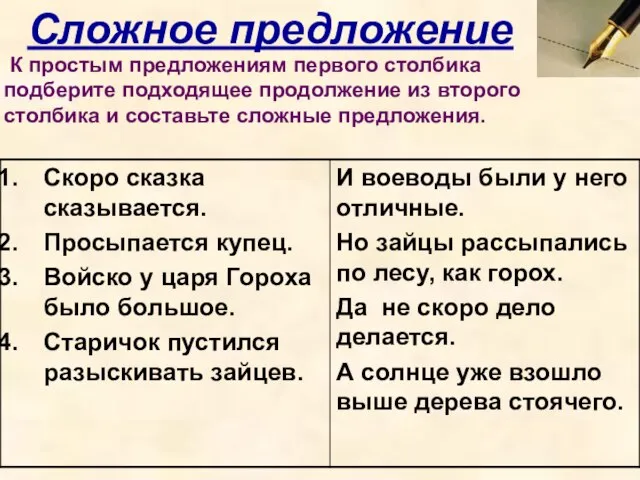 Сложное предложение К простым предложениям первого столбика подберите подходящее продолжение из второго