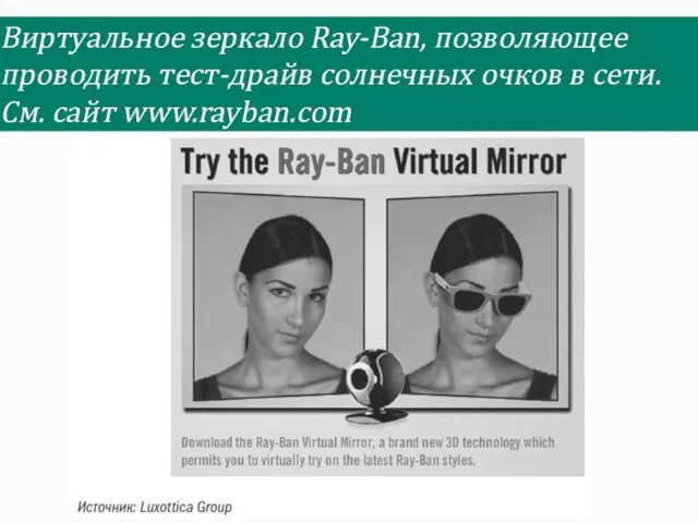 Виртуальное зеркало Ray-Ban, позволяющее проводить тест-драйв солнечных очков в сети. Cм. сайт www.rayban.com