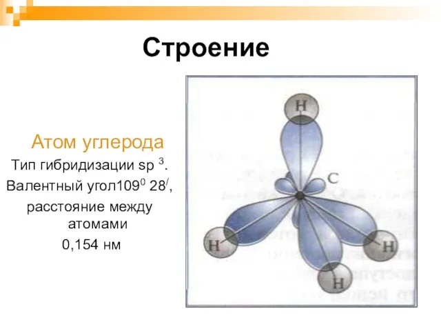 Строение Атом углерода Тип гибридизации sp 3. Валентный угол1090 28/, расстояние между атомами 0,154 нм