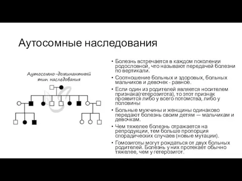 Аутосомные наследования Болезнь встречается в каждом поколении родословной, что называют передачей болезни