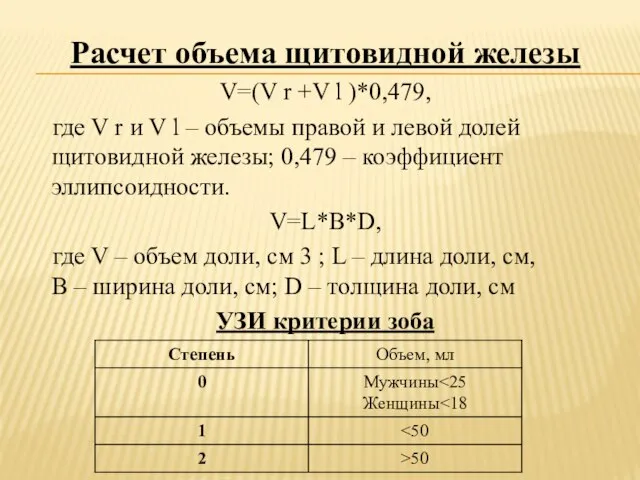 Расчет объема щитовидной железы V=(V r +V l )*0,479, где V r