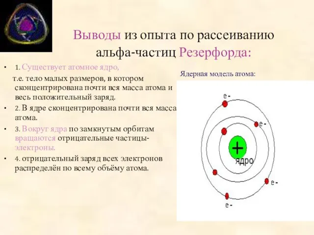 Выводы из опыта по рассеиванию альфа-частиц Резерфорда: 1. Существует атомное ядро, т.е.