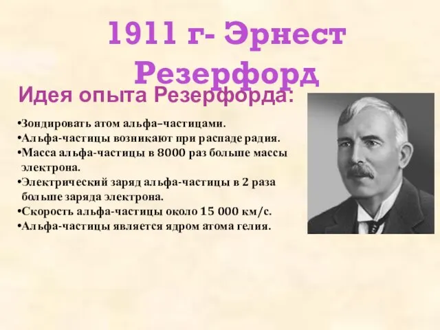 1911 г- Эрнест Резерфорд Зондировать атом альфа–частицами. Альфа-частицы возникают при распаде радия.