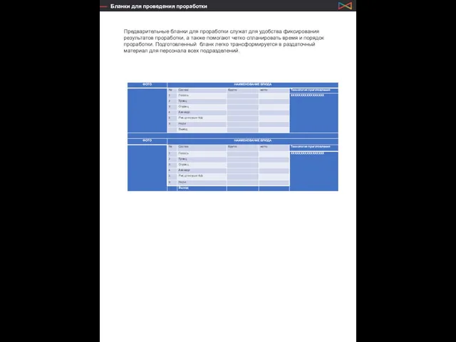 Бланки для проведения проработки Проработка меню Предварительные бланки для проработки служат для