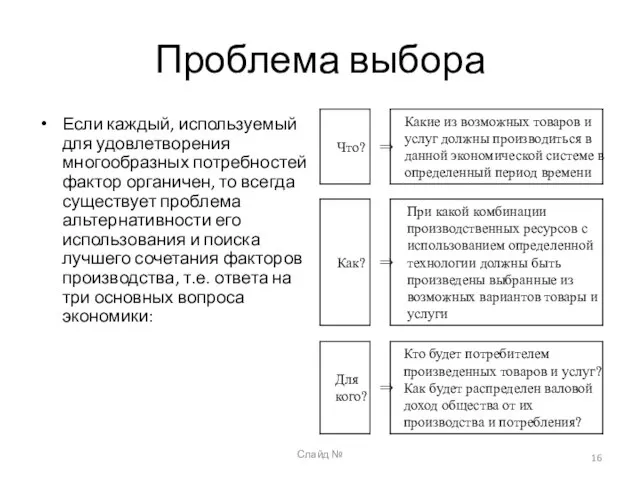 Слайд № Проблема выбора Если каждый, используемый для удовлетворения многообразных потребностей фактор