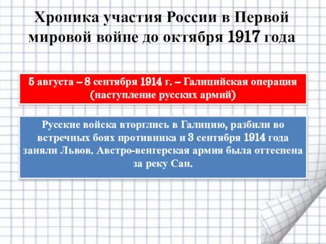 5 августа – 8 сентября 1914 г. – Галицийская операция (наступление русских