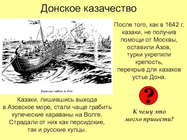 Донское казачество После того, как в 1642 г. казаки, не получив помощи