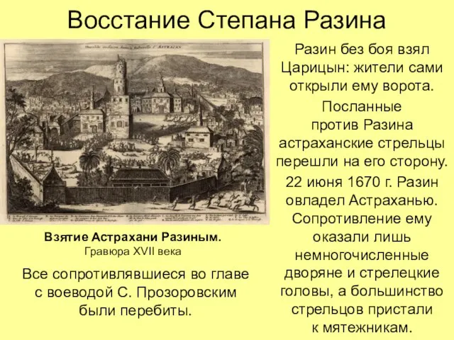 Восстание Степана Разина Разин без боя взял Царицын: жители сами открыли ему