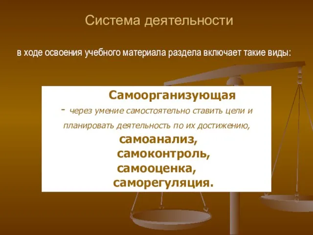 Система деятельности Самоорганизующая - через умение самостоятельно ставить цели и планировать деятельность