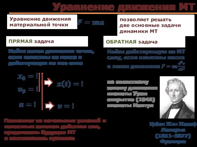 Уравнение движения МТ Уравнение движения материальной точки позволяет решать две основные задачи