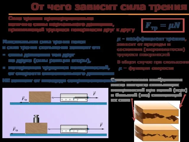 От чего зависит сила трения Сила трения пропорциональна величине силы нормального давления,