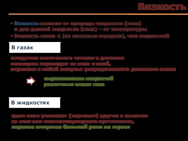 Вязкость одни слои увлекают (тормозят) другие в основном за счет сил межмолекулярного