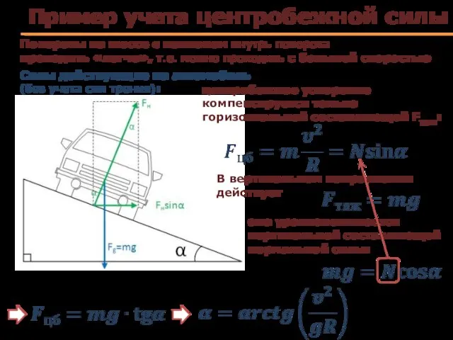 Пример учета центробежной силы Повороты на шоссе с наклоном внутрь поворота проходить
