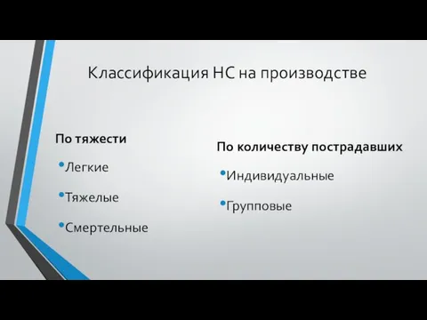 Классификация НС на производстве По тяжести Легкие Тяжелые Смертельные По количеству пострадавших Индивидуальные Групповые